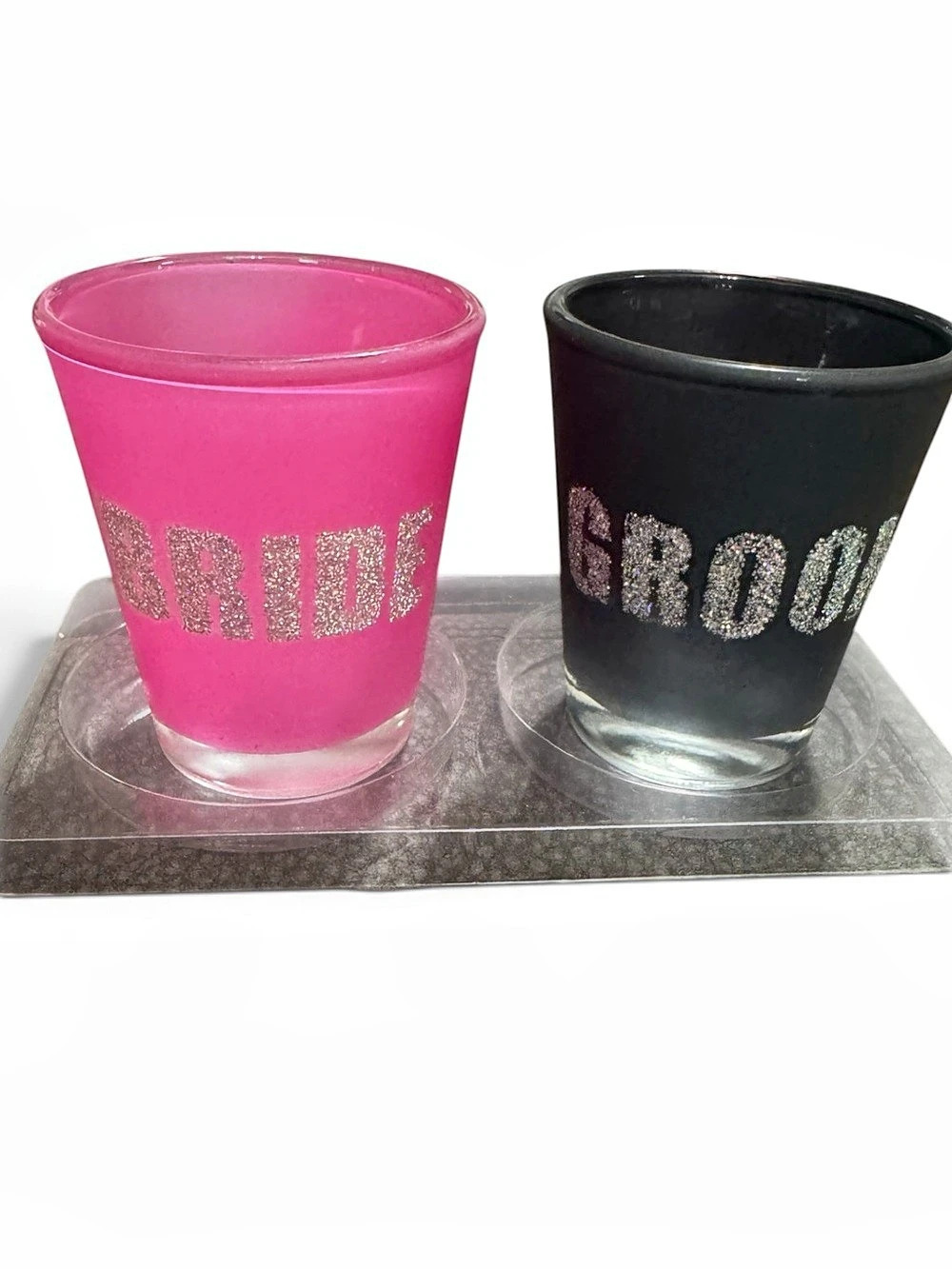 Bride & Groom Frosted Shot Glasses Pink & Black Set NIB!
